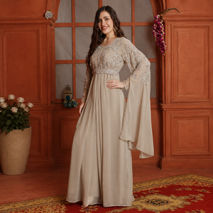 Elegant Beige Modern Embroidered Appliques Cape Sleeve Gown for Women <b>Chiffon</b> Straight <b>Maxi</b> <b>Dress</b> Flowing Cape Sleeves Modest - Product Image 3