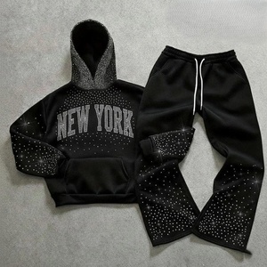 2026 Star Pattern Rhinestone Hoodie Baggy Flared Sweatpants Set Premium Heavy Cotton Jumper <b>Aesthetic</b> Oversized Unisex Tracksuit - Product Image 1