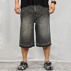 Ropa de calle de verano para hombre Y2K, pantalones cortos vaqueros deshilachados de gran tamaño, pantalones largos holgados negros y grises, lavado con diamantes de imitación, ajuste holgado lavado oscuro - Product Image 2