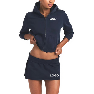 Conjunto de 2 piezas para mujer, sudadera con capucha de algodón y forro polar, minifalda, conjunto oversize, ropa de descanso, ropa urbana gruesa, personalizado OEM, marca privada - Product Image 3