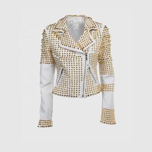 Veste décontractée pour femmes grandes tailles en cuir, col montant, fermeture éclair, couleur unie, tendance, cloutée, automne-hiver, pour l'extérieur - Product Image 6