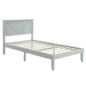 Twin Size Solid Oak <b>Platform</b> <b>Bed</b> <b>Frame</b> with Hand Carved Headboard Gray Wash Finish Rustic Style for Farmhouse Soft <b>Bed</b> Storage - Product Image 2
