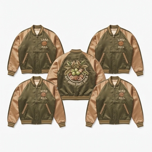 เสื้อแจ็คเก็ตซาตินทรงบอมเบอร์สีเขียวมะกอก ปักลายวอลนัท นัทโกรฟ แบบซูกะจัง สไตล์เบสบอล สำหรับขายส่ง - Product Image 1