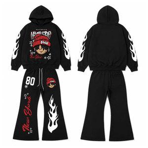Survêtement noir de fabricant en gros, imprimé dessin animé motif flamme, manches longues, pantalon à cordon, 100% coton, streetwear, collection automne - Product Image 1