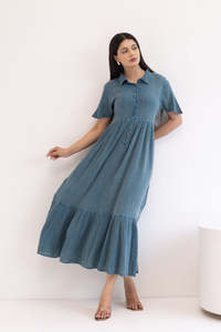 Light Blue Linen Cotton Shirt <b>Dress</b> Maxi Length Short Sleeve Button Front <b>Ruffle</b> Hem Loose Fit Casual Summer Wear Solid Color - Product Image 5
