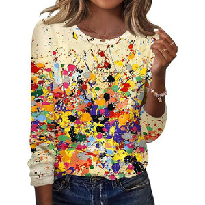 Camiseta de Manga Larga para Mujer, de Alta Calidad, con Estampado de Salpicaduras de Pintura Coloridas, Corte Holgado, Cuello Redondo, Informal - Product Image 1