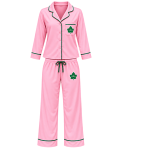 Women's <b>Pink</b> Pajama Set with Green Piping and Embroidered AKA Leaf Logo <b>Long</b> <b>Sleeve</b> Button Front <b>Top</b> Matching Drawstring Pants - Product Image 1