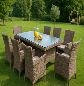 8 Piece Farmhouse Style Outdoor PE Rattan <b>Dining</b> Set with Glass Top <b>Table</b> <b>Foldable</b> & Weather Resistant Courtyard Patio Furniture - Product Image 2