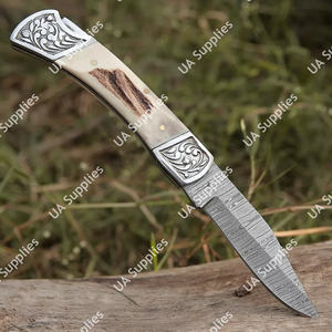 Couteau de poche pliable EDC en acier Damas fait main avec manche en corne de cerf, manche ergonomique en corne naturelle, lame ultra-affûtée, étui inclus - Product Image 5