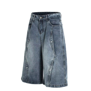 Shorts en jean mi-longs décontractés pour hommes, écologiques, respirants, avec logo frontal, style streetwear déstructuré, coupe ample et droite, jambe large - Product Image 1