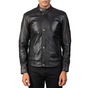 Chaqueta de Motociclista de Cuero Genuino Negro para Hombre, Cuello Alto, Cierre de Cremallera, Corte Ajustado, Manga Regular, Color Sólido, para Otoño - Product Image 2