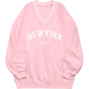 Sudadera Rosa con Cuello en V, Oversize, Ecológica, con Estampado Digital, Estilo Casual Unisex de Nueva York, EE. UU., Tejida en Algodón, para Invierno - Product Image 1
