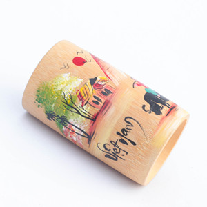 Natural Bamboo Cylindrical <b>Mug</b> – Unique Hand-Painted Countryside Pattern - Product Image 3