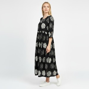 Black Floral Print 100% Cotton Handmade <b>Three</b> Quarter Sleeve Maxi Dress Button Front Modest Casual Daily Wear Natural Waist - Product Image 2
