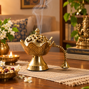Brûleur d'encens en laiton avec socle lotus, couvercle découpé Om, poignée courbée, support métallique pour Bakhoor Mabkhara Dhoop, décoration de temple Puja - Product Image 2
