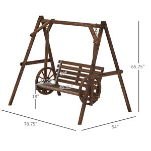 Dondolo da Giardino a 2 Posti in Legno Carbonizzato Marrone con Braccioli a Forma di Ruota di Carro e Supporto a Telaio a A per Portico o Casetta in Legno - Product Image 3