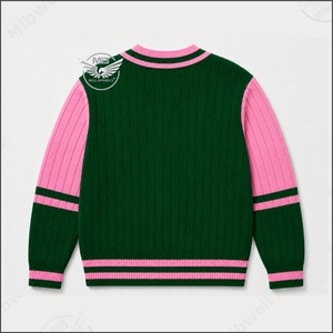 Pull-over personnalisé pour femme, vert et rose, col en V, imprimé 1908, style preppy, pull d'hiver à manches longues en tricot acrylique - Product Image 2