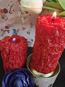 Designer Floral Carved Candle Set Red Luxury Pillar Candles for Romantic Decor Wedding Gift Bulk USA - Product Image 5