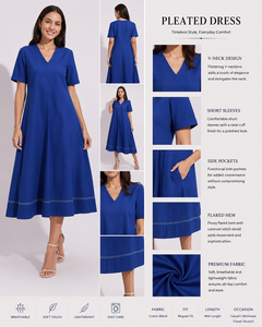 Vestido Midi de Algodón Azul Rey |   Vestidos de Verano Cortos con Cuello en V y Pliegues |   Vestido Casual de Verano con Bolsillos - Product Image 6