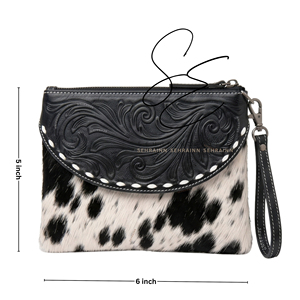 SEHRAINN Women's Cowhide <b>Wristlet</b> Clutch Zipper Bag Black Embossed Leather With Hairon Pattern Daily Use Cowgirl Gypsy Purse - Product Image 3