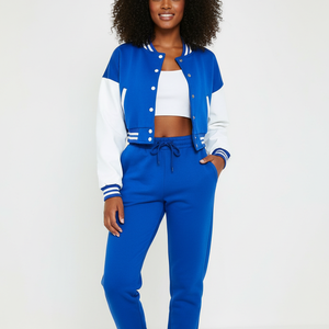 Blouson Bomber Court Personnalisé pour Femme, Style Universitaire, avec Broderie de Patchs, en Tissu de Laine Tissé, Motif Imprimé Teint, Bleu Blanc, Streetwear, Coton - Product Image 1