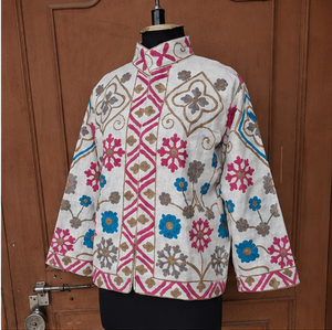 Hand embroidered cotton jacket pink diamond <b>trellis</b> snowflake floral medallion standing collar boho suzani wholesale exports B2B - Product Image 6