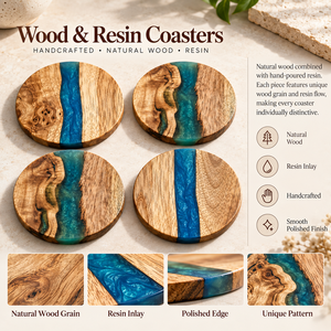 Ensemble de sous-verres ronds en bois et résine faits à la main avec incrustation de résine bleue, vente en gros, OEM, ODM, logo personnalisé, en vrac - Product Image 4