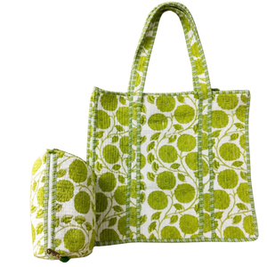 Sac fourre-tout en coton à imprimé floral vert avec trousse de toilette assortie, fermeture éclair, sac de shopping isotherme élégant - Product Image 1