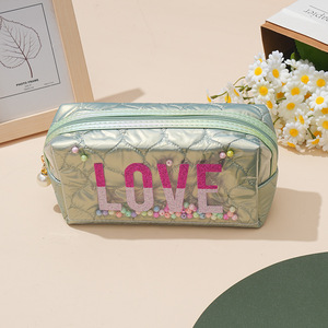 Lovely Purple PU Cosmetic <b>Case</b> With LOVE Letter Design And Beads Zipper Closure Medium Size Portable <b>Makeup</b> Bag - Product Image 5