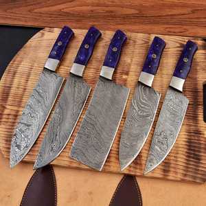 Handmade Damascus Chef <b>Knife</b> <b>Set</b>: Purple Resin Handle Forged Kitchen <b>Knives</b> - Product Image 4