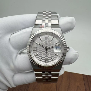 Montre mécanique automatique de haute qualité en acier inoxydable avec date, cadran texturé argenté, lunette cannelée, bracelet Jubilee, verre saphir - Product Image 1