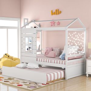Letto a capanna in legno bianco per bambini, misura Twin, con letto estraibile - Set completo - Product Image 1