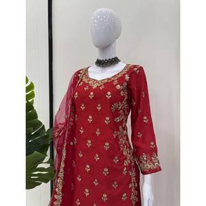 Conjunto de Salwar Kameez para Fiesta, Top, Pantalón y Dupatta en Poliéster con Trabajo de Hilo y Lentejuelas - Product Image 4