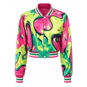 <b>Pink</b> Green Abstract Print Varsity <b>Jacket</b> Full Sleeve Turn-down Collar Polyester Women's Spring Casual Wear Women Satin <b>Jackets</b> - Product Image 2
