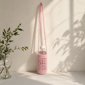 Crochet Water Bottle <b>Holder</b> Solid Color Open Closure Long Strap Vintage Minimalist Style <b>Travel</b> All Seasons Daily Use - Product Image 3