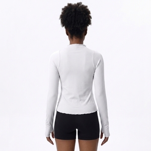 Custom Raw Hem Ribbed <b>Mock</b> <b>Neck</b> Fitted Long Sleeve Streetwear <b>Top</b> OEM - Product Image 2