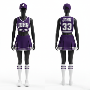 ชุดเชียร์ลีดเดอร์หญิง ผ้าโพลีเอสเตอร์อินเตอร์ล็อค กระโปรงจีบแบบวี พิมพ์ลายทวิล ปักโลโก้ตามสั่ง ชุดยูนิฟอร์มเชียร์ลีดเดอร์ - Product Image 4