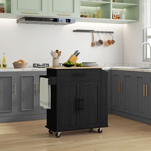 Isola Cucina Portatile Moderna in Legno Nero con Vano Portaoggetti, Caricatore e Cassetto Porta Spezie, Carrello da Cucina Mobile per Casa - Product Image 2