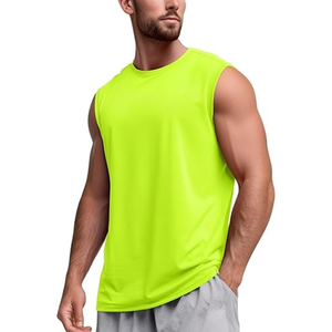 Camiseta sin mangas para hombre, verde neón, cuello redondo, transpirable, de secado rápido, informal, para gimnasio, entrenamiento, color sólido, tejido de poliéster, estilo muscular - Product Image 1