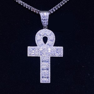 Pendentif Ankh personnalisé serti de diamants, plaqué argent rhodié, alliage, diamants Moissanite VVS, bijoux hip-hop pour homme, unisexe, cadeau - Product Image 1