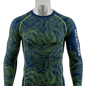 Men <b>Long</b> <b>Sleeve</b> <b>Compression</b> <b>Shirt</b> Navy Green Contour Graphic Mock Neck Gym Fitness Running Training Sportswear Base Layer - Product Image 3