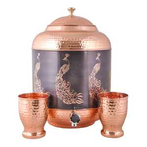 Luxury Royal Peacock Engraved Copper Water Dispenser <b>Set</b> with Two Matching Hammered Tumblers Ayurvedic Health Storage Tank - Product Image 1