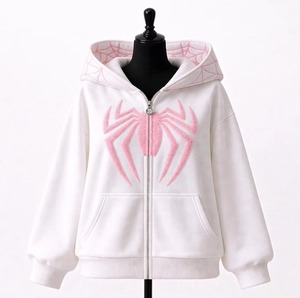 Sudadera con Capucha Blanca con Estampado de Araña Rosa, Logotipo Bordado, Impresión Digital, Ecológica, Casual, Unisex, Invierno, Impermeable - Product Image 1