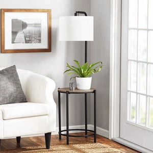 54-Inch Mid Century Modern <b>Floor</b> <b>Lamp</b> with Faux Wood Table and White Fabric <b>Shade</b> - Product Image 2