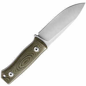 Cuchillos de caza de hoja fija con textura gris verdosa y agarre texturizado, hoja con punta de gota plateada, funda de cuero marrón y mango remachado - Product Image 4