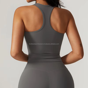 Gray Solid Square Neck Racerback Crop <b>Top</b> Front Logo Breathable Spandex/Polyester <b>Sweat</b>-Wicking Yoga Wear 2-Piece Set for Women - Product Image 2
