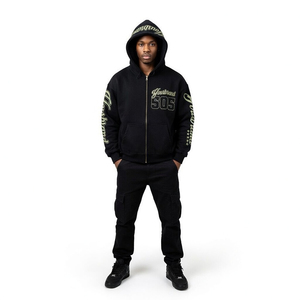 Sudadera con capucha negra personalizada para hombre, con cremallera, estilo francés, corte regular, estampado 505, informal, para otoño, unisex. - Product Image 3