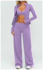Ensemble de vêtements de sport pour femmes, haut à col haut et manches longues avec fermeture éclair bleu clair, pantalon à taille haute et jambes larges, couleur unie - Product Image 3