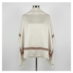 Women's <b>Cream</b> Silk <b>Shawl</b> Embroidered Ethnic Pattern Long Elegant Multi-Functional All Seasons Wear - Product Image 1