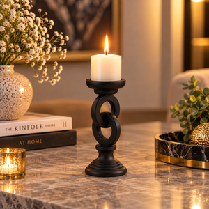 Decorative <b>Black</b> <b>Candle</b> <b>Holder</b> Set of 3 with Linked Ring Design for Table Decor | Modern Pillar <b>Candle</b> Stands for Home and Gifts - Product Image 3